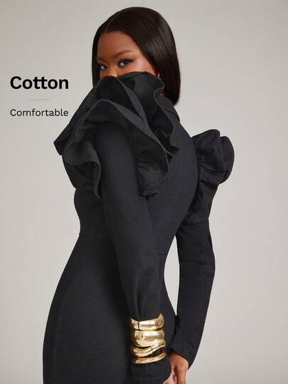 NYA SZN Damen Denim Kleid mit Rüschensaum, figurbetontem Schnitt, Reißverschluss-Design am Kragen