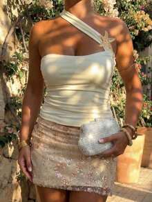 SHEIN Holidaya 女士春夏新款金属扣海星装饰裹身褶皱设计优雅针织修身吊带衫 - 杏色 - 查看 7