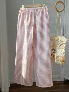 Comfortcana Women's Belted Plaid Wide Leg Loose Casual Pants - Pink - View 2