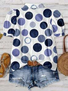 EMERY ROSE Casual Minimalist Blue Polka Dot Allover Print Plus Size Shirt - Multicolor - View 2
