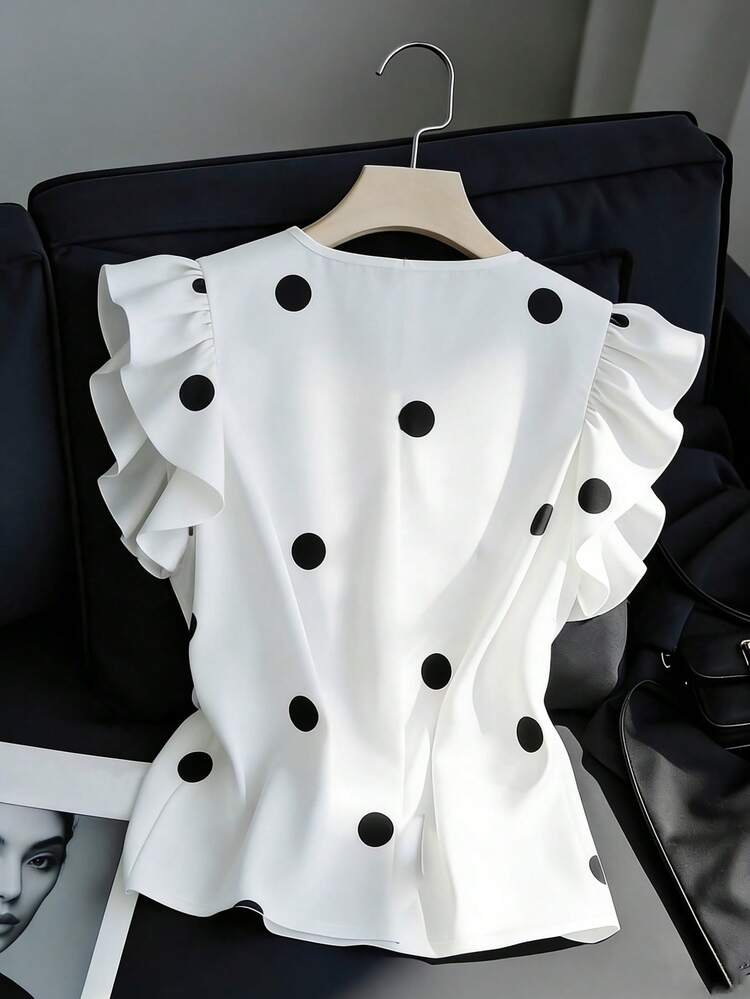 Franclia Top Branca Casual e Versátil com Babados e Mangas Sino, Top Decote V, Top Poá, Top Estampada de Poá, Top de Manga Curta, Regata Estampada, Roupa de Verão para Férias - Preto e Branco - Visão 2
