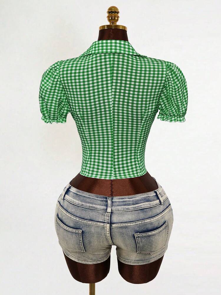 Mistrie Summer And Spring Collection For Ladies, A Youthful Style Featuring Contrasting Color Checkered V-Neck With Wooden Ear Embellishments And Drawstrings, A Puff Sleeve Blouse, And A Short Women's Shirt. - Green - View 2