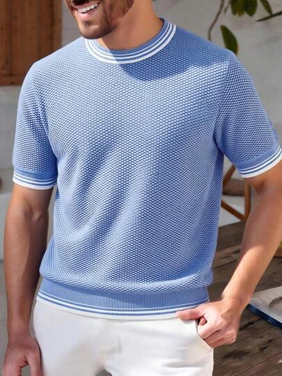 Manfinity Homme Men's Casual Patchwork Color Knit Short Sleeve Top, Versatile For Daily Wear