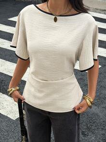 Siren Gaze 女士100%纯棉休闲撞色饰边短袖衬衫 - 简约撞色夏季上衣，适合通勤、约会、下午茶及日常穿着 - 彩色 - 查看 5