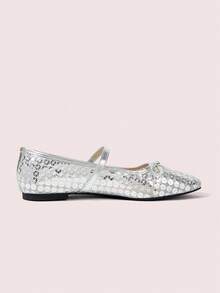 CUCCOO DOLLMOD Ladies Silver Mesh Sequins Decorative Sweet Bow Decorative Design French Low Vamp Breathable Mary Jane Shoes Upper Sequined Mesh Material Suitable For Spring And Summer Wear - Silver - View 3