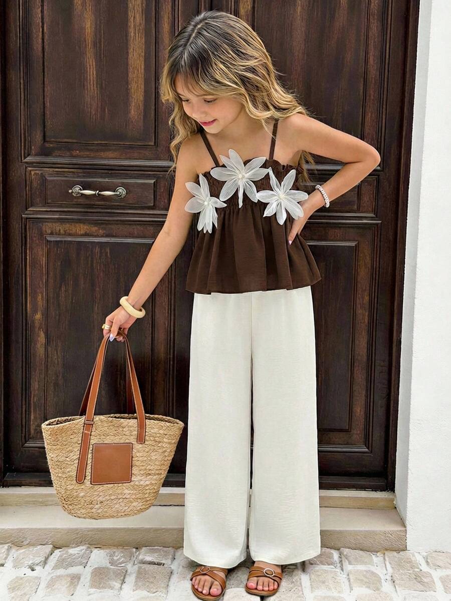 Fashion Outfit For Kids 2026 New Arrival Summer Fashion, 3D Flower Camisole & Wide-Leg Pants Set For Big Girls 8-12Y, Sweet Coquette Boho Two-Piece Outfit, Casual Woven Fabric For Vacation & Everyday Wear - Chocolate Brown - View 1