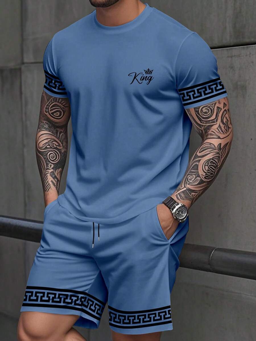 Manfinity Homme Conjunto de camiseta de manga corta de cuello redondo y pantalones cortos con estampado de letras y geométrico, informal para hombre, verano - Multicolor - Ver 1