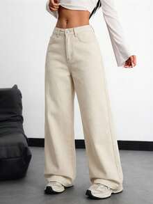 SHEIN Teen Girls' Casual Y2K Comfortable Loose Fit Wide Leg Jeans Fall Winter,Dailywear, Streetwear,Halloween,Christmas,Winter - Apricot - View 4