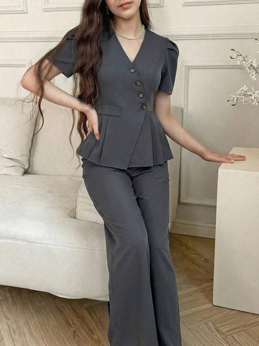 Elladie kids Teen GirlSolid Color V-Neck Short Sleeve T-Shirt And Pants Set - Dark Grey - View 1