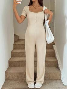 SHEIN Pregnant Women's Plain Color Patchwork Front Button Tie Waist Casual Jumpsuit - Apricot - View 4