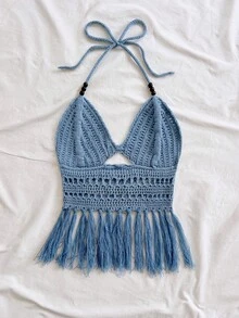 Soleia 女士度假风串珠吊带针织上衣，流苏下摆，适合约会、下午茶、海滩、邮轮、城市旅行、婚礼季、音乐节等场合。 - 藍色 - 查看 6