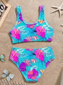 SHEIN 女童碎花泳衣套装 - 藍色 - 查看 2