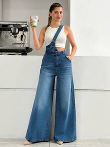 EURMUSE High Waist One Suspender Medium Wash Overall - Medium Wash - View 5