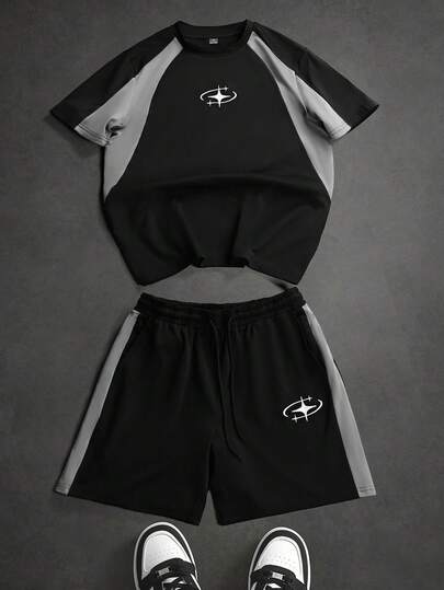 PAVTROS Bộ áo thun nam tay ngắn cổ tròn phối màu tương phản, thời trang và đa năng cho mùa hè.