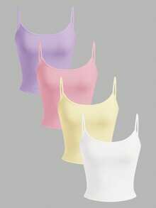 SHEIN EZwear 4件套女士紫色、粉色、黄色、白色紧身露脐休闲背心，适合夏季穿着 - 彩色 - 查看 1
