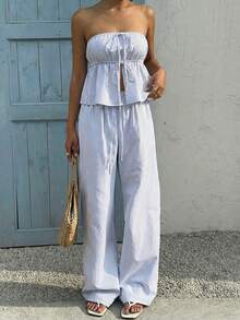 Sunnyshic Blue & White Striped Cotton Cropped Camisole With Front Tie & Open Back, Paired With Low-Waist Straight Leg Pants, Women Spring/Summer Vacation, Beach, Elegant Commute, Minimalist Everyday Casual Outfit - Blue - View 5