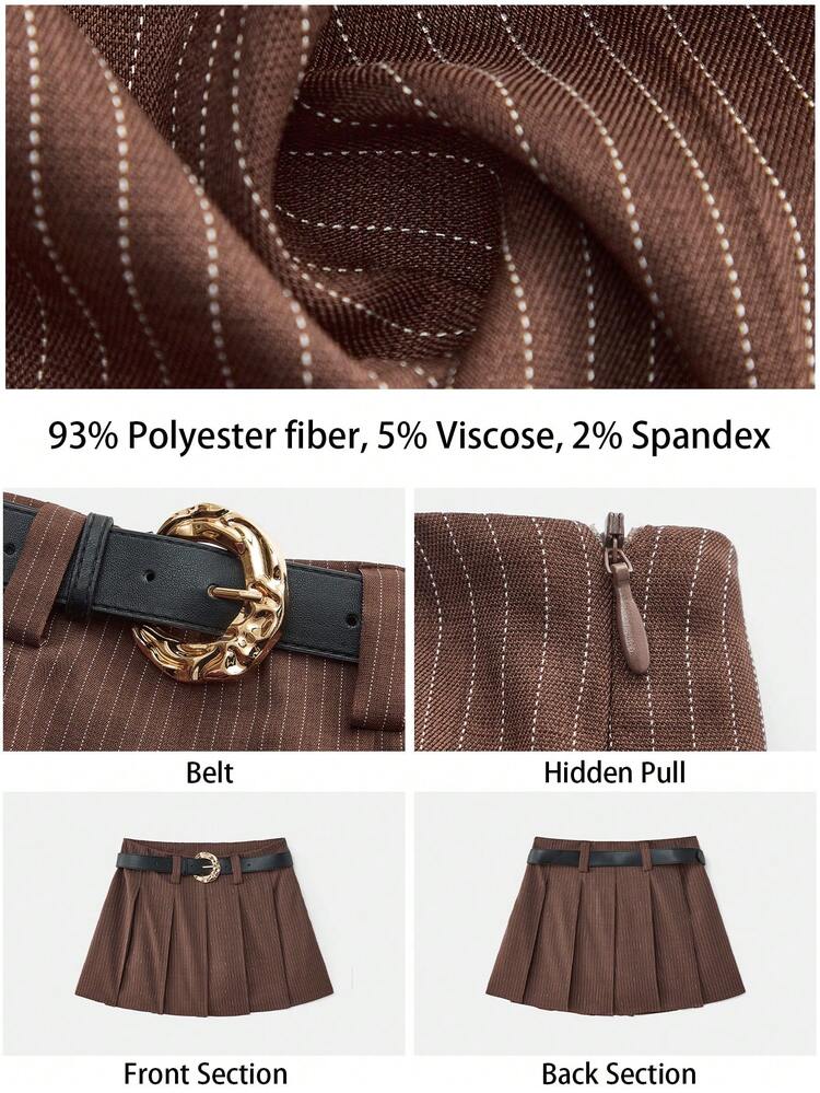 SHEIN Maija Graphic Brown Striped Pleated Mini Skirt, Versatile Going Out Urban Style Casual Birthday For Women Carnival Valentine's Day Spring To Summer Party