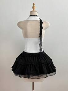 Elamini 女士白色撞色蕾丝V领纽扣收腰修身不对称下摆性感喇叭袖衬衫，欧美夏季风情 - 白色 - 查看 2