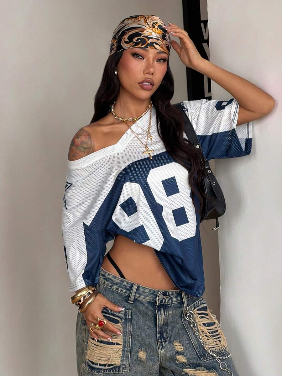 Coolane 女士夏季街头风休闲运动印花透气网眼宽松针织T恤 - 彩色 - 查看 1