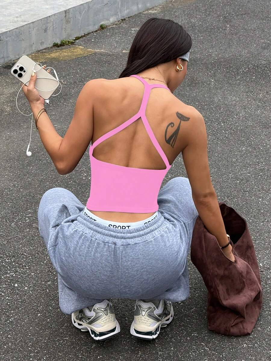 Dewbera Sujetador deportivo sin costuras para mujer, top corto deportivo inalámbrico, ropa interior deportiva para correr - Rosa - Ver 1