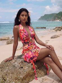 Nevyona 女士时尚豹纹露背吊带荷叶边迷你连衣裙，夏季 - 彩色 - 查看 6