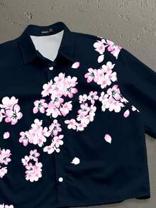 StoneGrade 复古日式樱花印花短款宽松短袖衬衫，时尚休闲穿搭，约会聚会必备，适合作为男友礼物 - 藏蓝色 - 查看 2