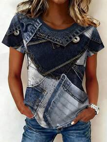 EMERY ROSE Camiseta casual de manga corta con cuello redondo acanalado y estampado de patchwork, talla grande, para primavera y verano - Multicolor - Ver 1