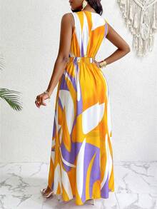 SOLERSUN 热带印花V领腰部针织修身喇叭连衣裙长款女装 - 黃色 - 查看 2