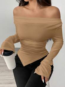 SHEIN ChicEase 女士冬季毛衣，深V领，可不对称肩部和下摆穿着，针织上衣，优雅女士上衣，女士长袖上衣，优雅米色上衣，修身垂褶上衣，女士薄纱长袖上衣，V领长袖衬衫 - 卡其色 - 查看 5