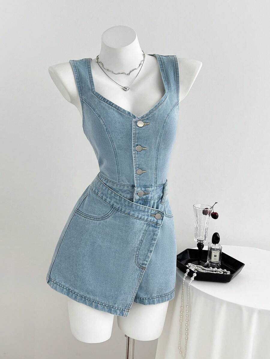 Elamini Y2K Fashion Casual V-Neck Denim Romper - Light Wash - View 1