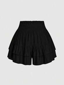 SHEIN LUNE Plus Size Holidaya Paperbag Waist Ruffle Hem Wide Leg Shorts - Black - View 1