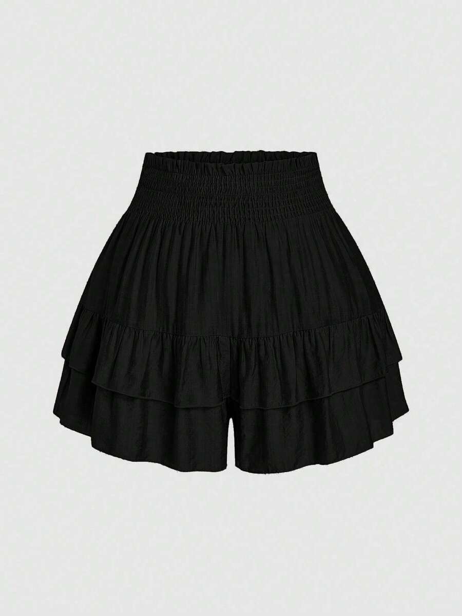SHEIN LUNE Plus Size Holidaya Paperbag Waist Ruffle Hem Wide Leg Shorts - Black - View 1