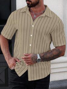 Manfinity CasualCool Men's Casual Striped Button-Down Short Sleeve Shirt - Khaki - View 3