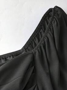 SHEIN Sweetro 大码女式优雅浪漫休闲日常法式方领雪纺宽松袖口长袖弹力喇叭衬衫，春秋季 - 黑色 - 查看 5