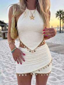 Aloruh 女士性感沙滩度假风亮片拼接贝壳吊带不对称下摆露背系带上衣和裹身裙套装 - 杏色 - 查看 1