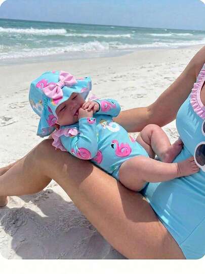 Buy One Get One Free 2 Pieces Set Of Newborn Summer All-Over Print Long-Sleeved Jumpsuit Swimsuit And Comes With A Hat, Suitable For Spring, Summer And Autumn. Baby Girl Swim Cover Up With Matching Hat Baby Beach Accessories Baby Girls Clothes Bathing Suits With Matching Robes Mommy And Baby Matching Swim Suit Baby Rash Guard With Hat Baby Clothing Flamingo Swimsuit Hat Baby Girl Swimsuit Ruffle And Hat Baby Beach Swim Sets Baby Swimwear Baby Beach Outfit Baby Beach Essentials Baby Bathing Suits