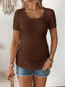 SHEIN Maternity Summer Casual Solid Color Shell Trim Short Sleeve Top - Coffee Brown - View 5