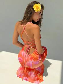 Aloruh 女士优雅度假橙色百合印花露背吊带连衣裙，沙滩度假连衣裙，橙色连衣裙，沙滩度假套装，夏威夷连衣裙 - 橘色 - 查看 4