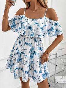Clasi Vestido minielegante de mujer con estampado floral y hombros al descubierto, vestido casual cómodo para vacaciones y playa - Azul - Ver 3