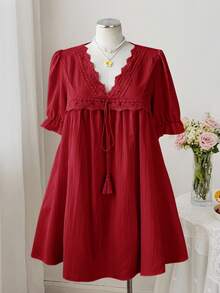 Sweetra Vestido casual, lindo y retro para fiesta o vacaciones, con cuello en V, encaje, parches, mangas cortas con volantes y cintura con lazo, talla grande - Burdeos - Ver 3