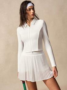 VARSIVA Women's Solid Color Long Sleeve Zip-Up Top And Pleated Skort Sports Suit - White - View 5