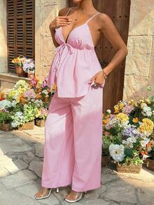 SHEIN 2 piezas Conjunto de top de tirantes y pantalones a rayas minimalista para uso diario de maternidad - Rosa - Ver 3