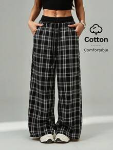 SHEIN PETITE Pantalones anchos de pierna ancha a cuadros casuales y sueltos para mujer - Blanco y Negro - Ver 3