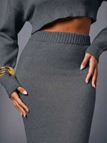 Hauture Sexy Casual Simple Basic Knitted Heather Melange Middle Rise Mermaid Sweater Maxi Skirt - Grey - View 5