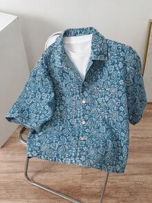 Manfinity Joysei Men's Casual Street Style Blue Denim Printed Short Sleeve Shirt - Medium Wash - View 1