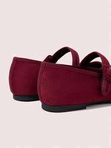 CUCCOO DOLLMOD Ladies Burgundy Suede Square Toe Elegant Same-Color Bag Buckle Simple Design Mary Jane Flat Shoes Suitable For All Seasons Holiday Vacation Birthday Party Low Vamp Shoes - Red Violet - View 4