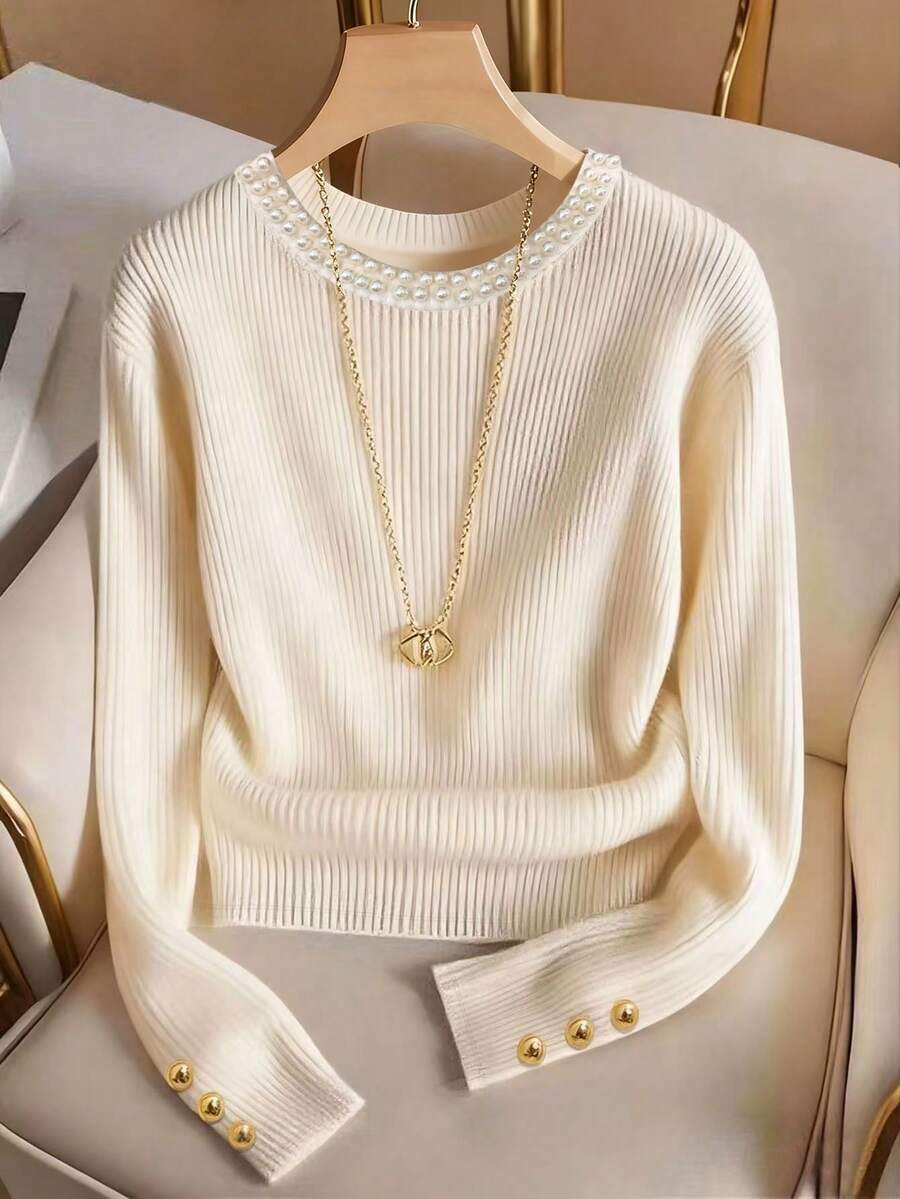 Franclia Áo len cổ tròn vải dệt kim ngọc trai màu trơn thanh lịch, áo dệt kim thời trang tối giản - Màu be - Xem 1