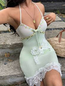 Sunnyshic 蝴蝶结饰边钩编女士吊带迷你连衣裙 - 綠色 - 查看 3