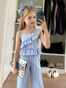 SHEIN Sparklyn Tween Girls' Summer Casual Striped Ruffle Trim Tank Top And Pants Set - Blue - View 5