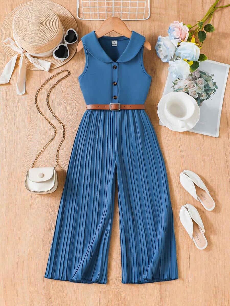 SHEIN Explorewe Jumpsuit Anak Perempuan Warna Aprikot dengan Kancing dan Desain Hem Berlipit, Cocok untuk Pakaian Sehari-hari, Bepergian, dan Kasual - Biru - View 1